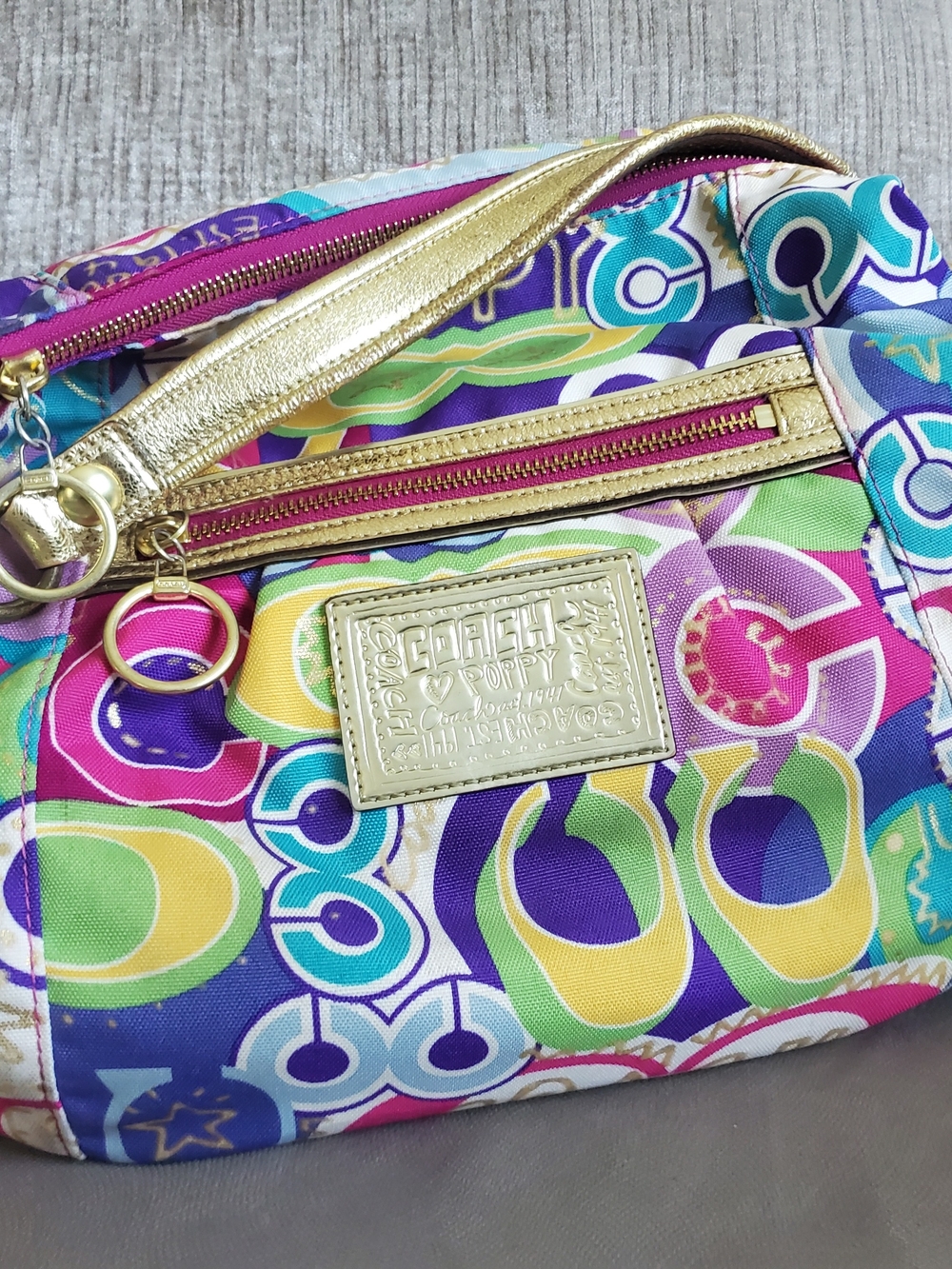 Coach Poppy Multicolor Signature Print Shoulder  Bag with Gold Trim